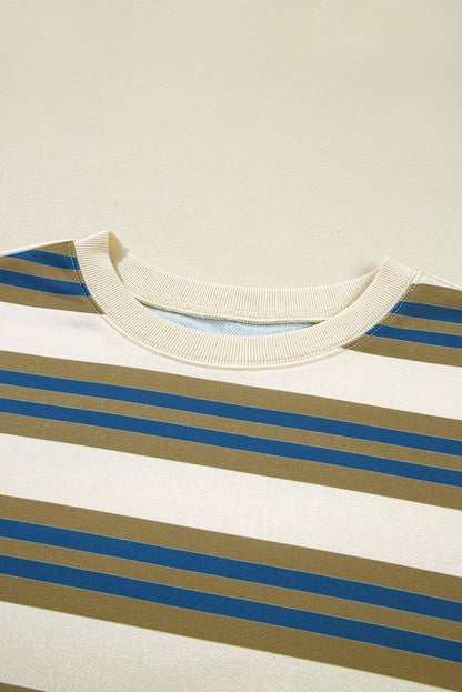 Brown Stripe Crew Neck Drop Shoulder Pullover Sweatshirt