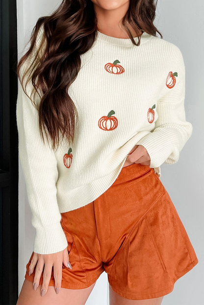 Beige Pumpkin Embroidered Ribbed Thanksgiving Halloween Holiday Sweater