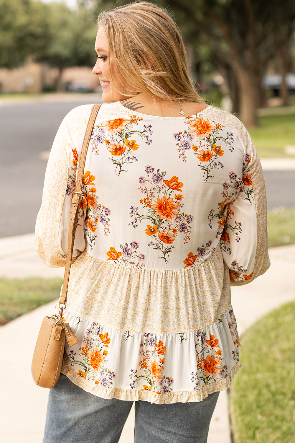 White Plus Size Floral Print V Neck Puff Sleeve Blouse Aaria Tees