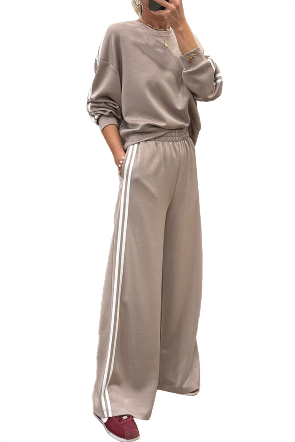 Oatmeal Varsity Striped Detail Cropped Pullover Wide Leg Pants 2pcs Outfit