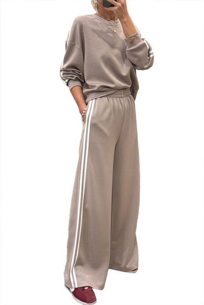 Oatmeal Varsity Striped Detail Cropped Pullover Wide Leg Pants 2pcs Outfit