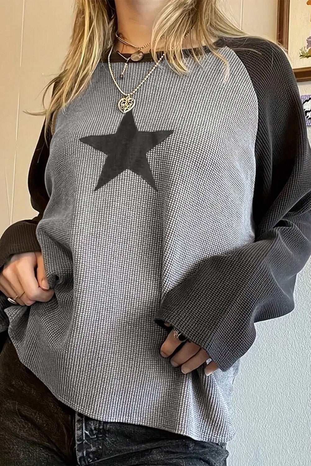 High Waffle Knit Colorblock Star Patch Graphic Raglan Top - Aaria Tees