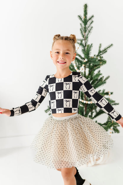 Checkered Bow | CROPPED Bow Back Long Sleeve Top