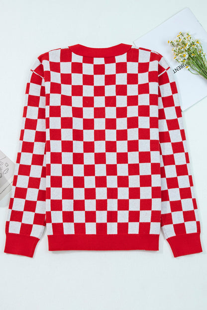 Checker Christmas Tree Buttoned V-Neck Cardigan Sweater