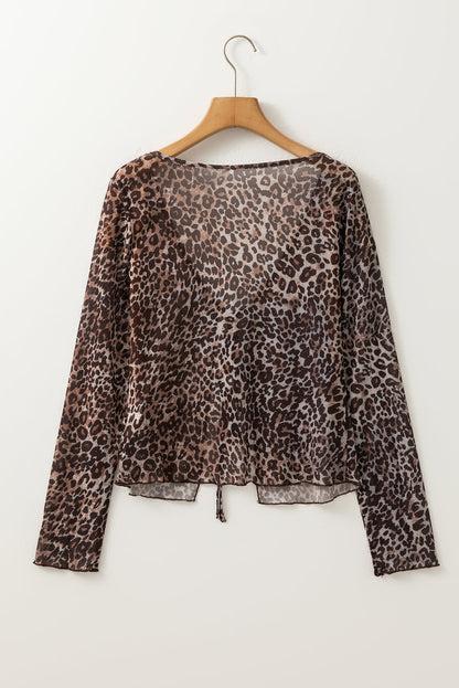 Leopard Sheer Mesh V-Neck Lace-up Top