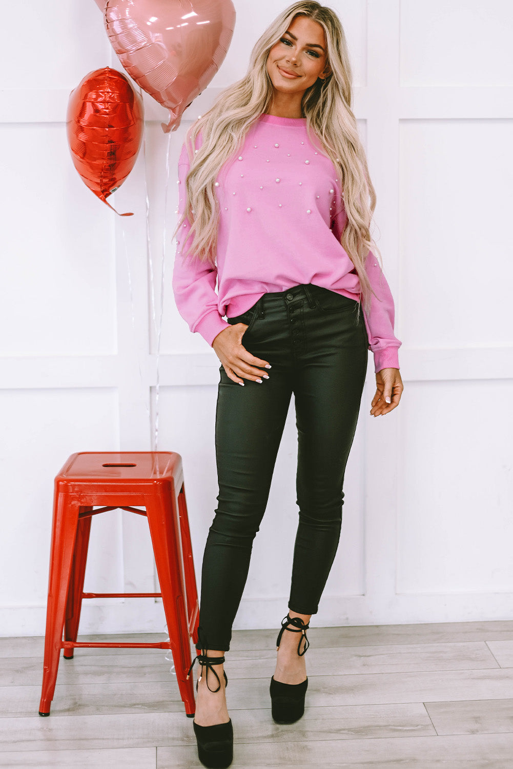 Lilah Pearl Detail Ribbed Crew Neck Sweatshirt - Aaria Tees Aaria Tees