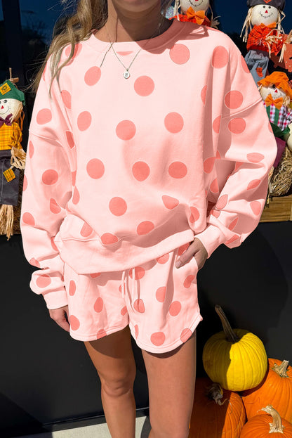 Pink Polka Dot Print Drop Shoulder Pullover Drawstring Shorts Set