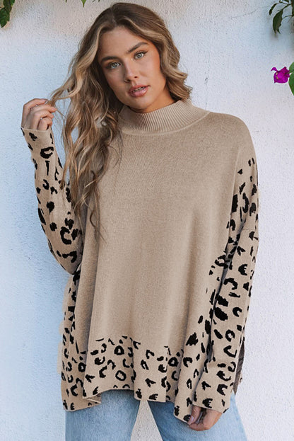 Sarai Leopard High Neck Side Slit Oversized Sweater - Aaria Tees