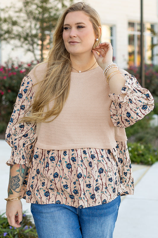 Beige Faux Two Piece Knit Patchwork Floral Print Plus Size Top Aaria Tees