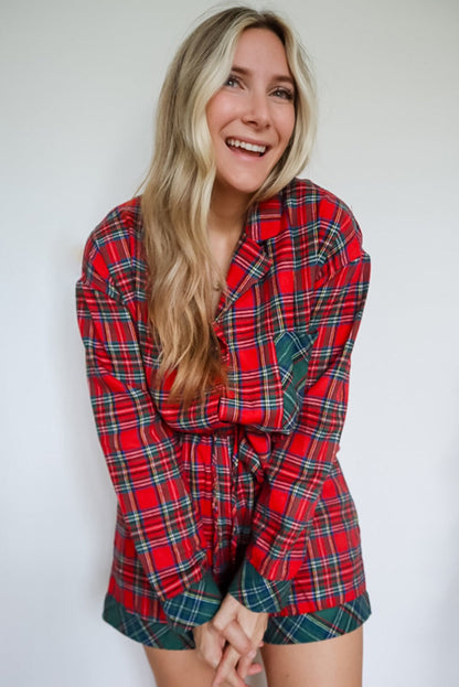 Red Plaid Contrast Color Christmas Holiday Long Sleeve Shirt and Shorts Pajama Set