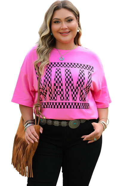 Bright Pink Checker MAMA Letter Printed Graphic Plus Size T Shirt - Aaria Tees