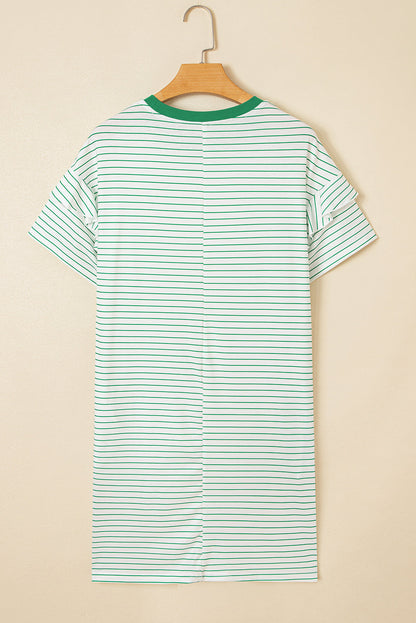 Stripe Ruffle Sleeve Crewneck T-Shirt Mini Dress