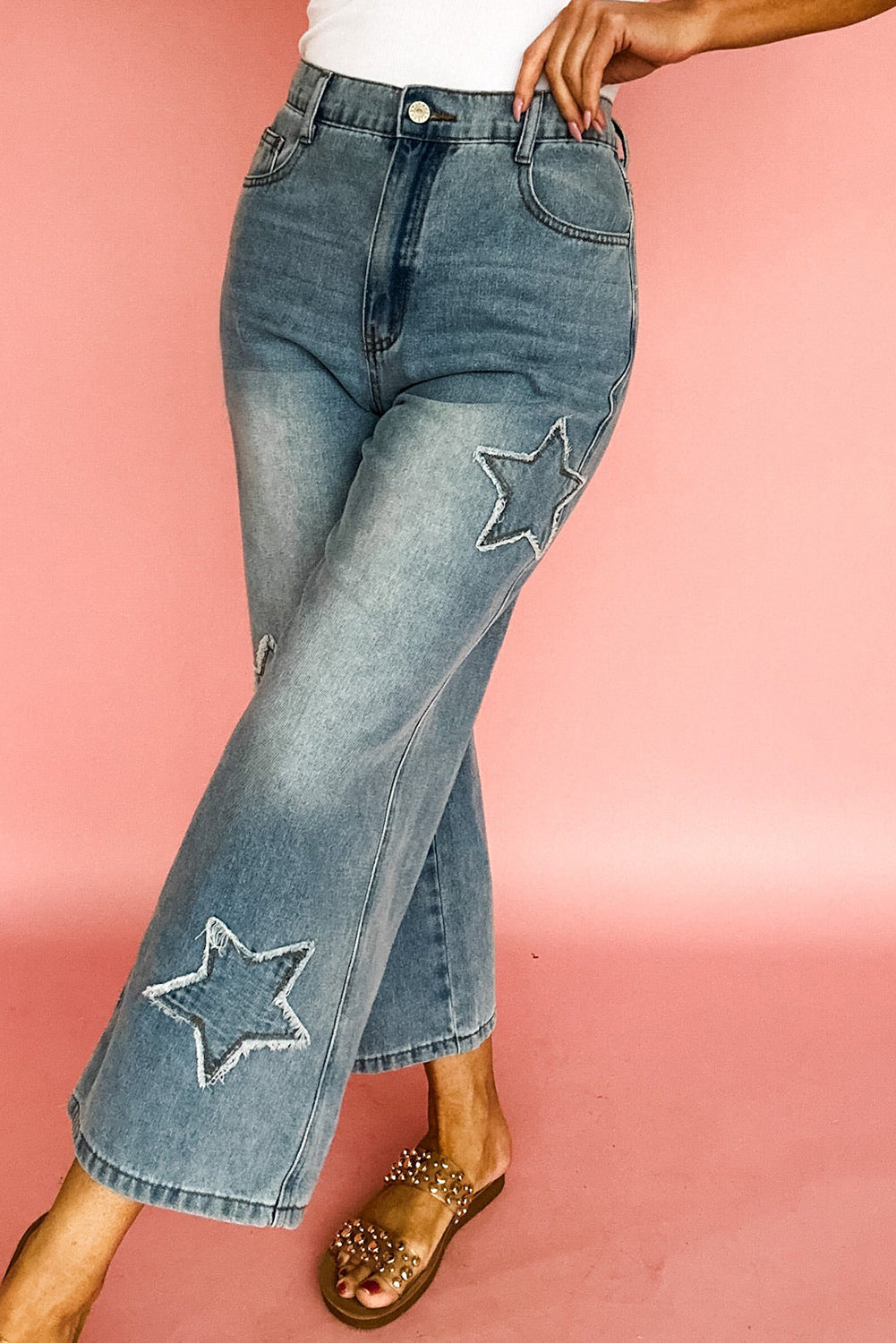 Stone Blue Star Patchwork Cropped Wide Leg High Waist Jeans