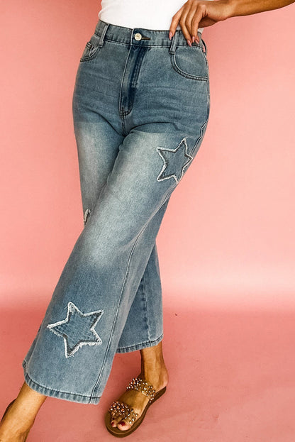 Stone Blue Star Patchwork Cropped Wide Leg High Waist Jeans