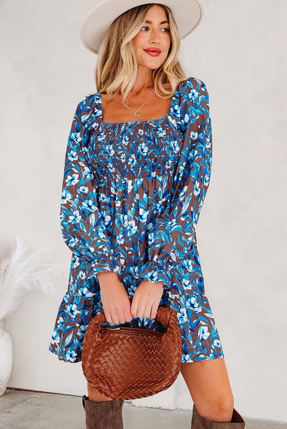 Blue Smocked Bodice High Waist Ruffled Sleeve Floral Dress