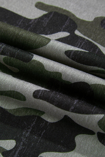 Green Retro Camouflage Print Exposed Seam Patchwork Drop Shoulder Sweatshirt