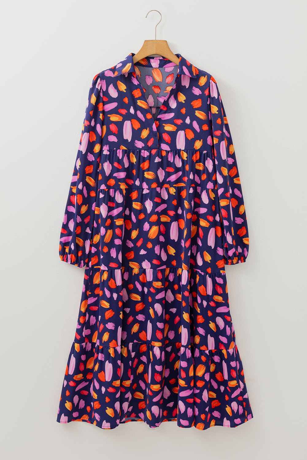Blue Petal Collared Tiered Flowy Long Dress Aaria Tees