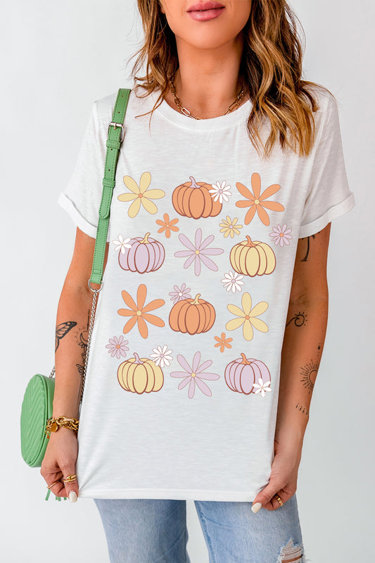 Pumpkin & Flower Round Neck Short Sleeve T-Shirt - Aaria Tees