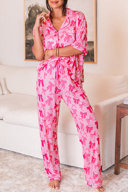 Pink Bow Knot Print Lapel Collar Short Sleeve and Pants Pajamas Set - Aaria Tees
