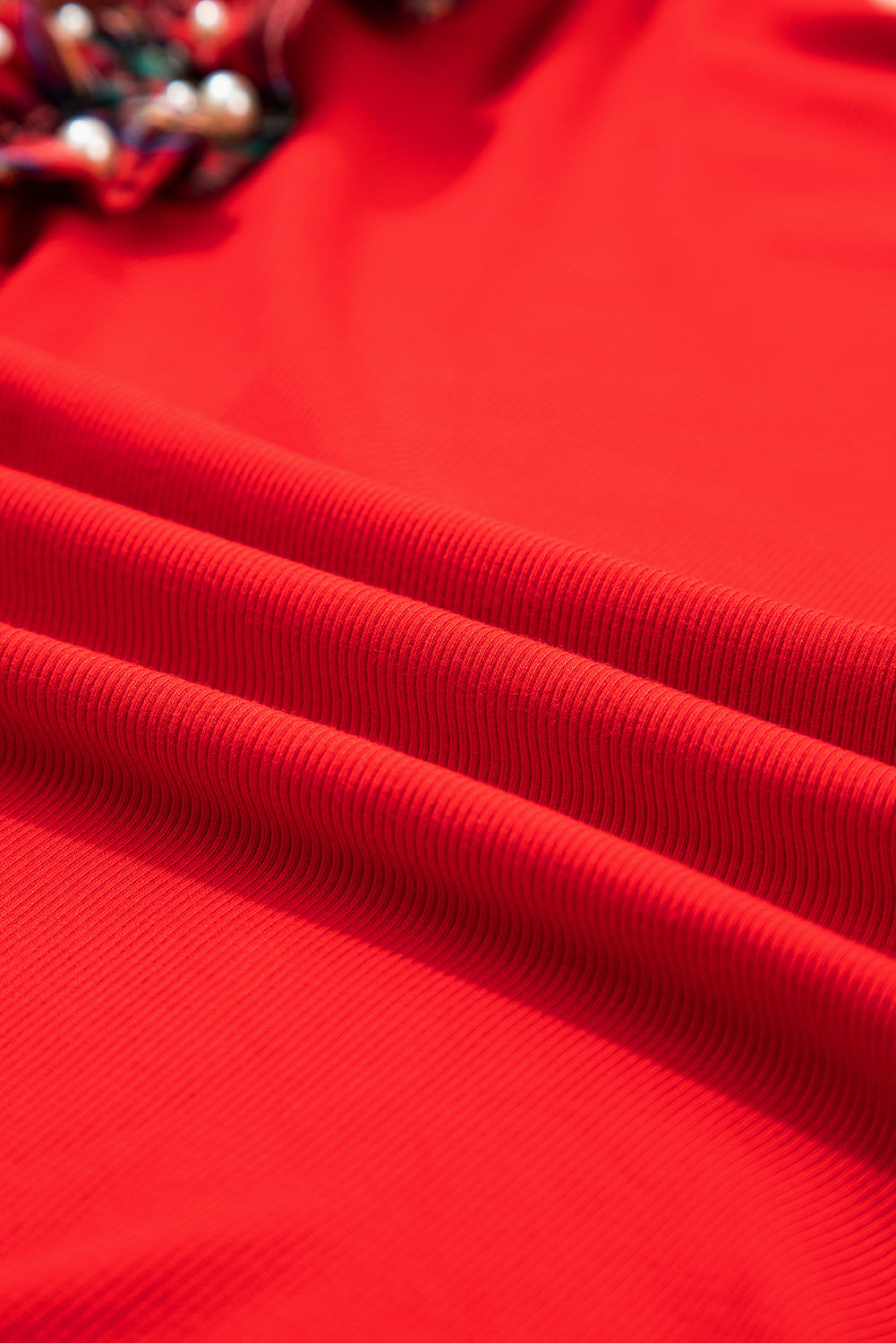 Plaid Patchwork Pearl Ruffle Sleeve T-Shirt