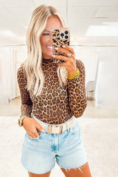 Brown Leopard Mock Neck Long Sleeve Mesh Top