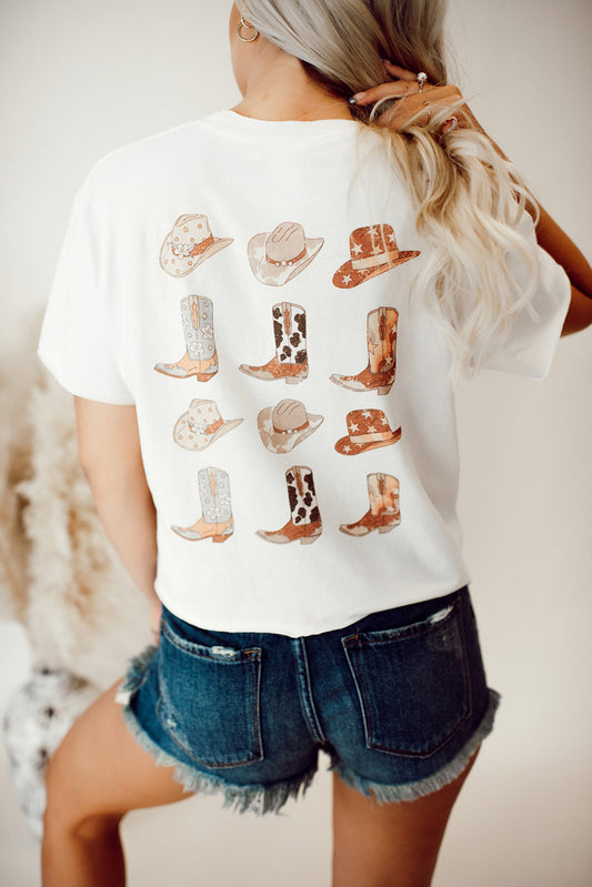 White Double-Side Cowboy Hat & Boots Graphic Tee - Aaria Tees