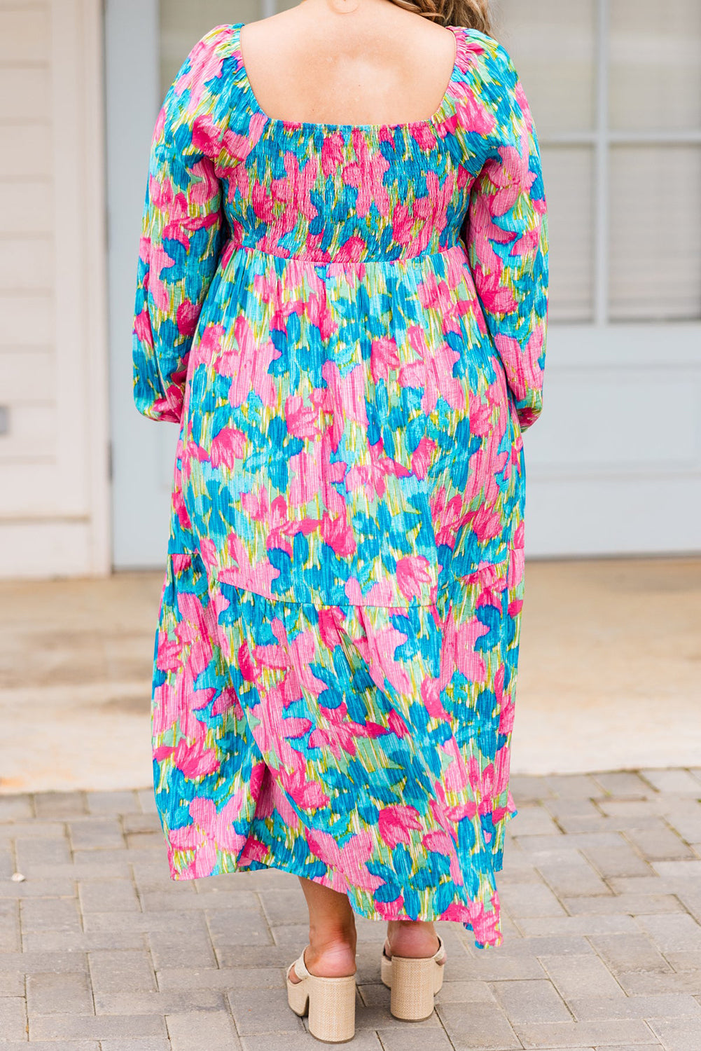 Sky Blue Floral Allover Print Shirred Square Neck Plus Size Maxi Dress Aaria Tees