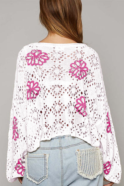 White Contrast Flower Print Eyelet Drop Shoulder Sweater Aaria Tees