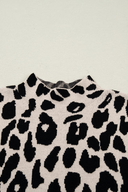 Black Leopard Print High Neck Short Sleeve Sweater