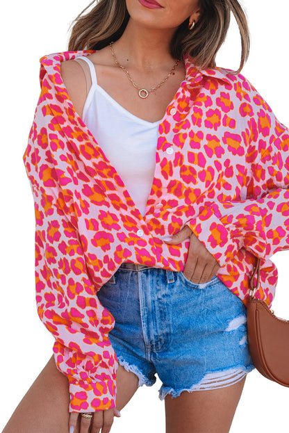Rose Leopard Printed Button Up Loose Shirt - Aaria Tees