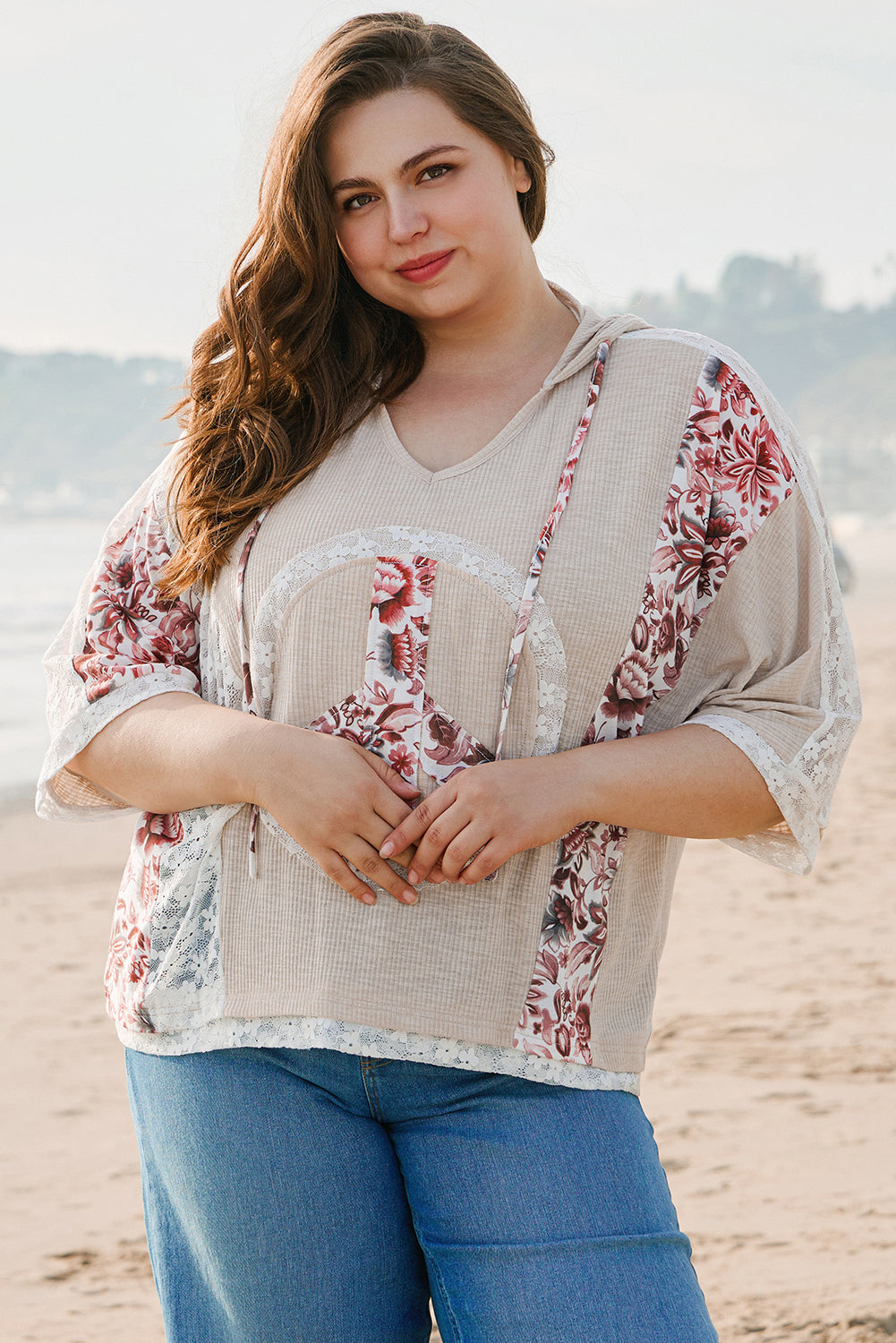 Khaki V Neck Floral Peace Sign Graphic Lace Patch Ribbed Plus Size Hooded Top - Aaria Tees