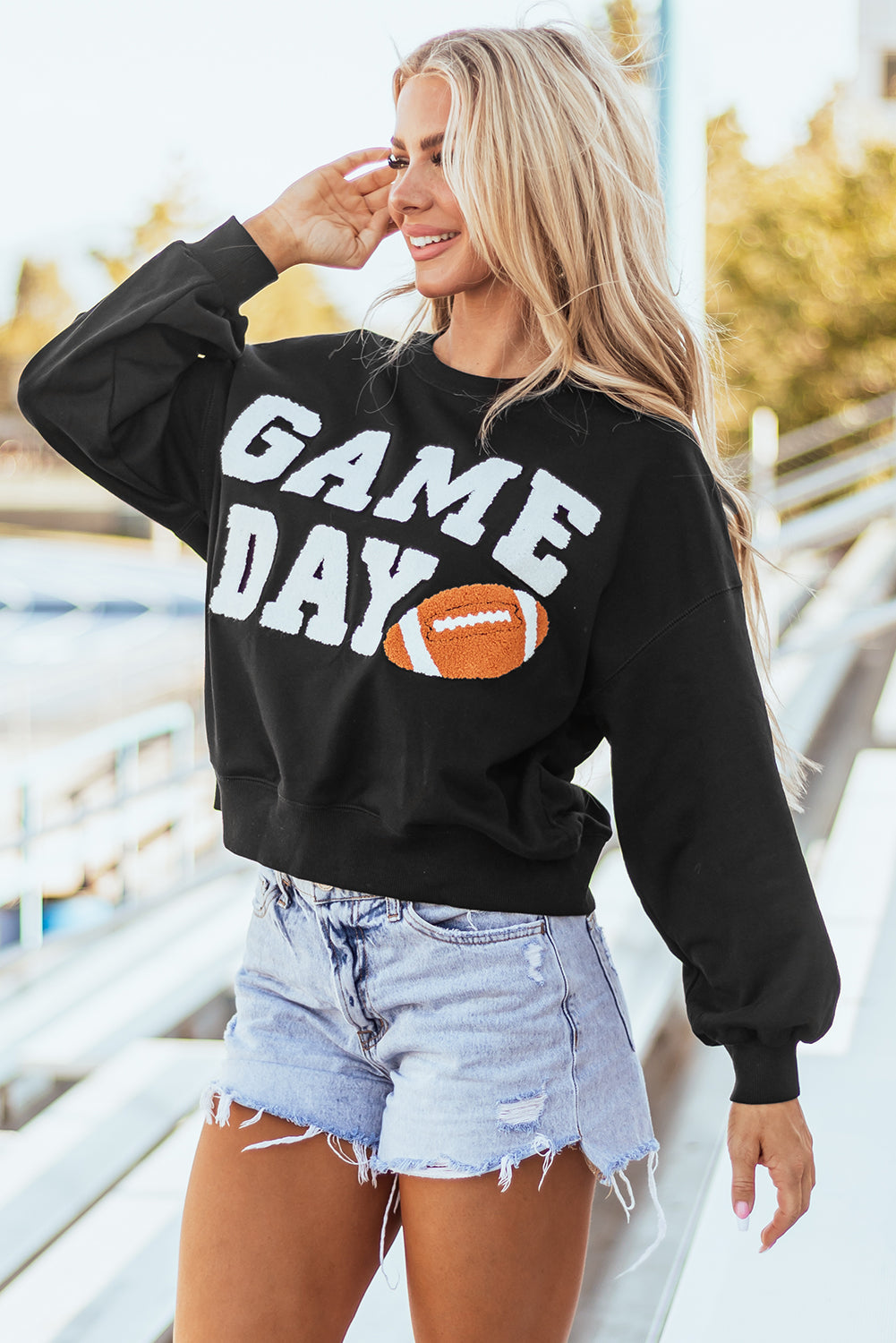 Black GAME DAY Graphic Varsity Pullover Sweatshirt - Aaria Tees