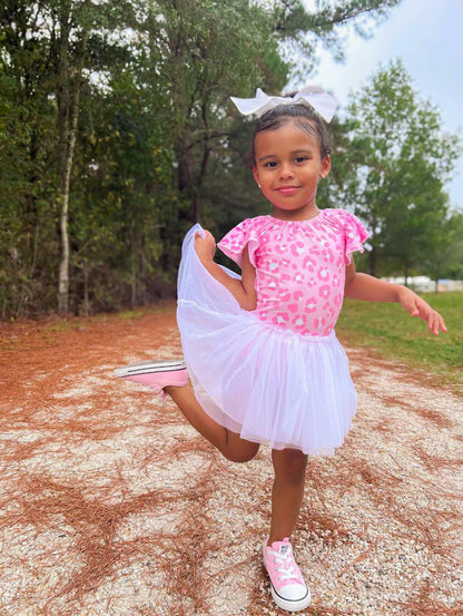 Pink leopard bow back leotard