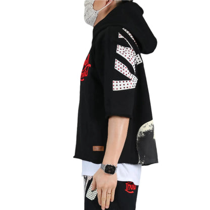 MIESHA French Terry 3/4 Sleeve Crop Top Pullover Hoodie