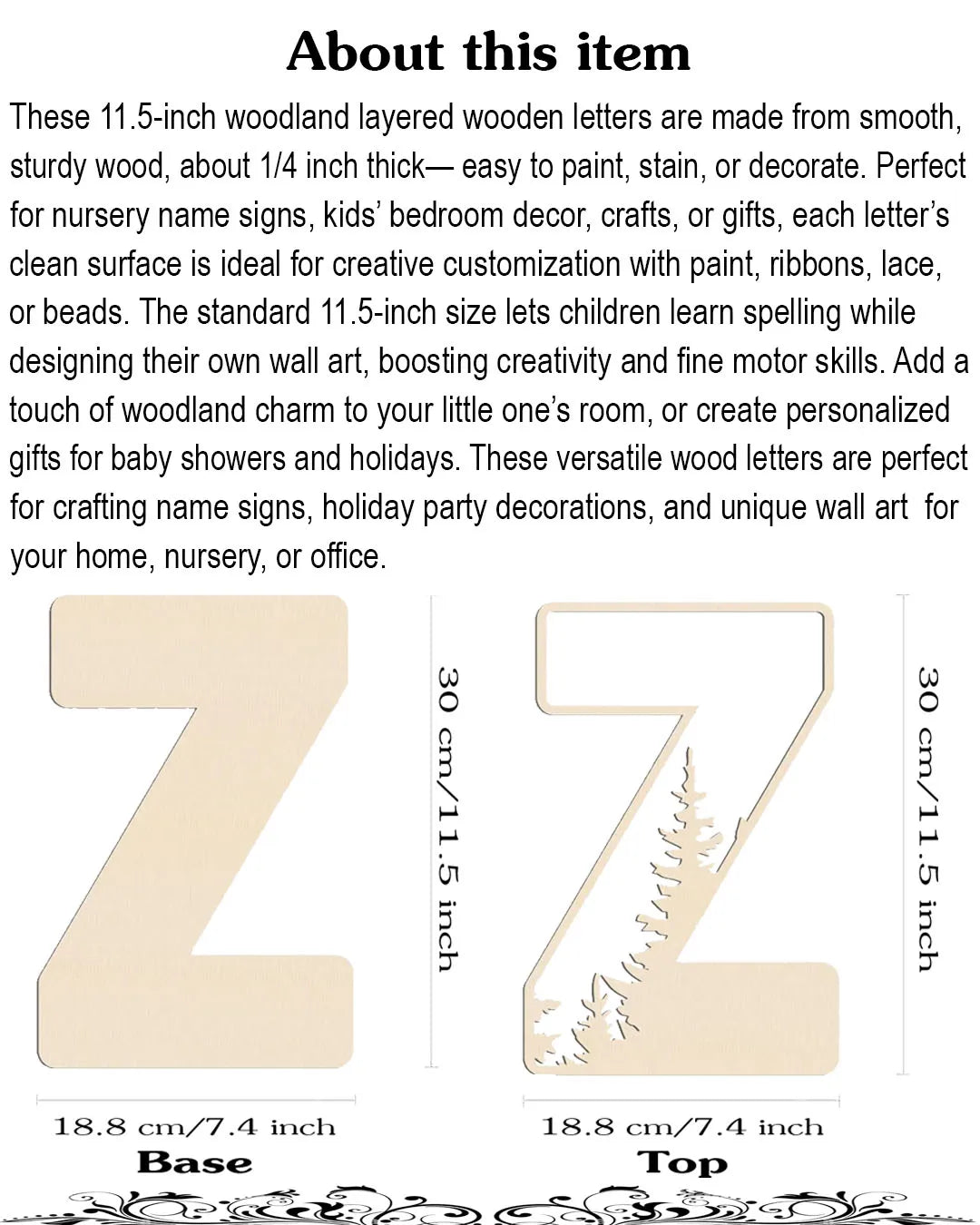 Woodland 11.5" Wooden Letter Z – Boho Paintable Name Sign for Nursery & Kids Room Decor