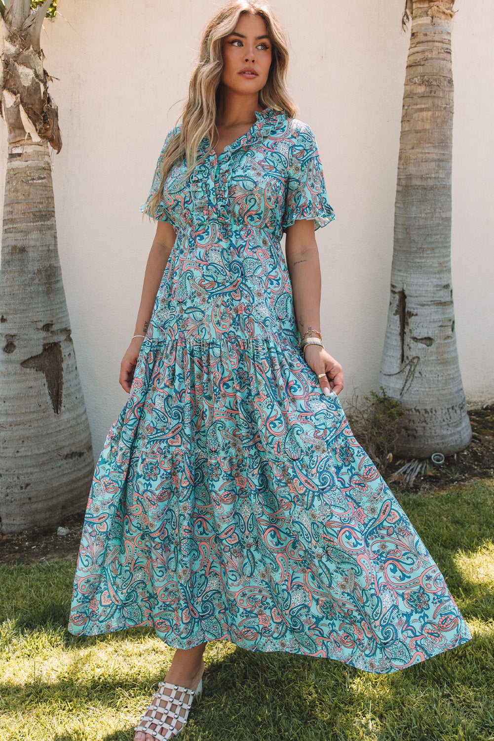 Aila Boho Holiday Ruffle Tiered Maxi Dress - Aaria Tees