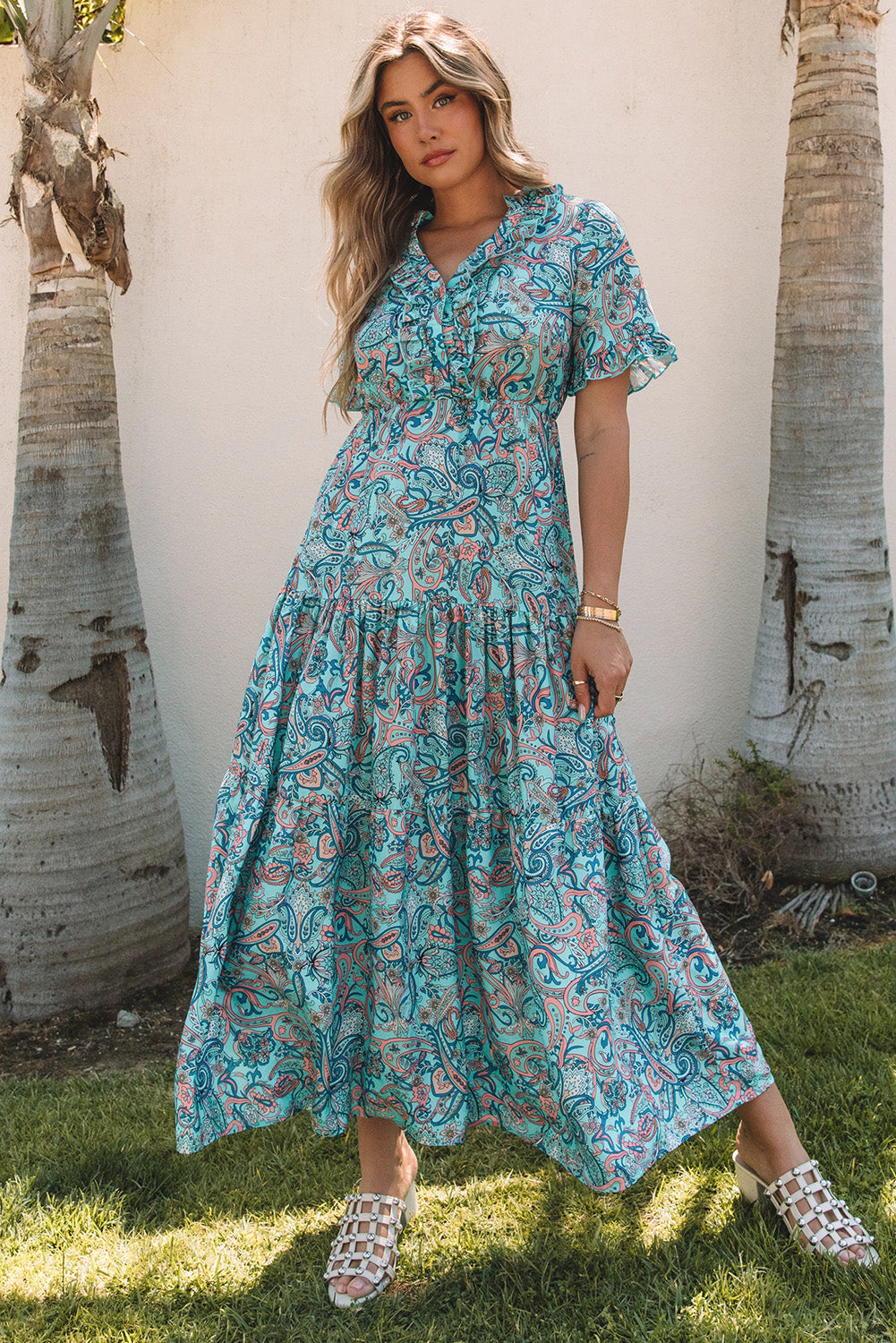 Aila Boho Holiday Ruffle Tiered Maxi Dress - Aaria Tees