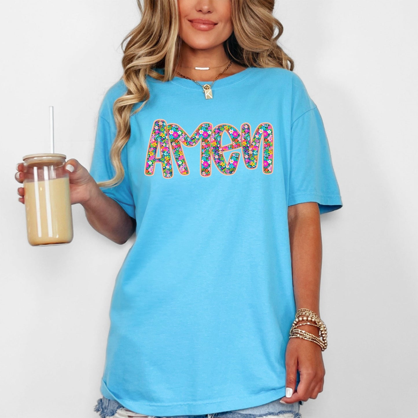 Amen, Christian, Gospel, Faith, Floral, Flowers, Bright, Colorful, Pastels Tshirt Comfort Colors T-Shirt