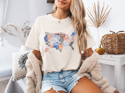 America map USA map Flag flower Garment Dyed T Shirt