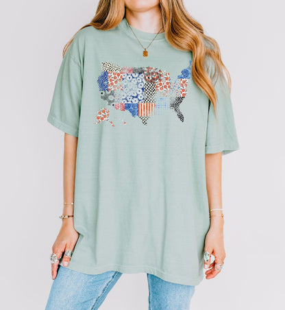 America map USA map Flag flower Garment Dyed T Shirt