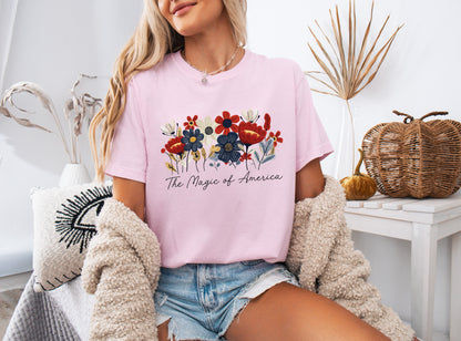 America the Magic of America USA Flag flower Garment Dyed T Shirt