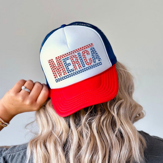 America, Checkered, Patriotic, Snapback Trucker Hat