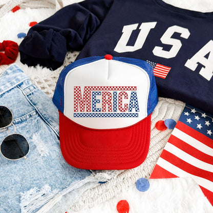 America, Checkered, Patriotic, Snapback Trucker Hat