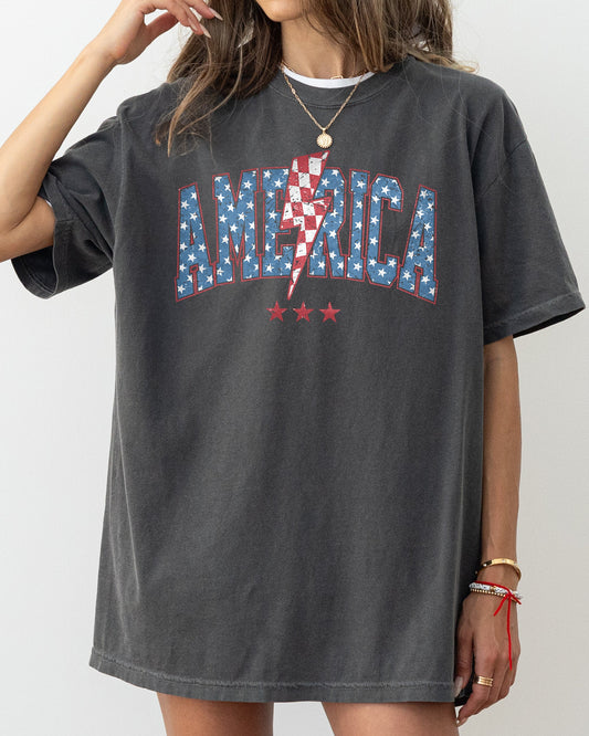 America, Retro, Lightening Bolt, USA, Patriotic, Independence Day, Fourth Of July, 4th Of July Tshirt Comfort Colors T-Shirt