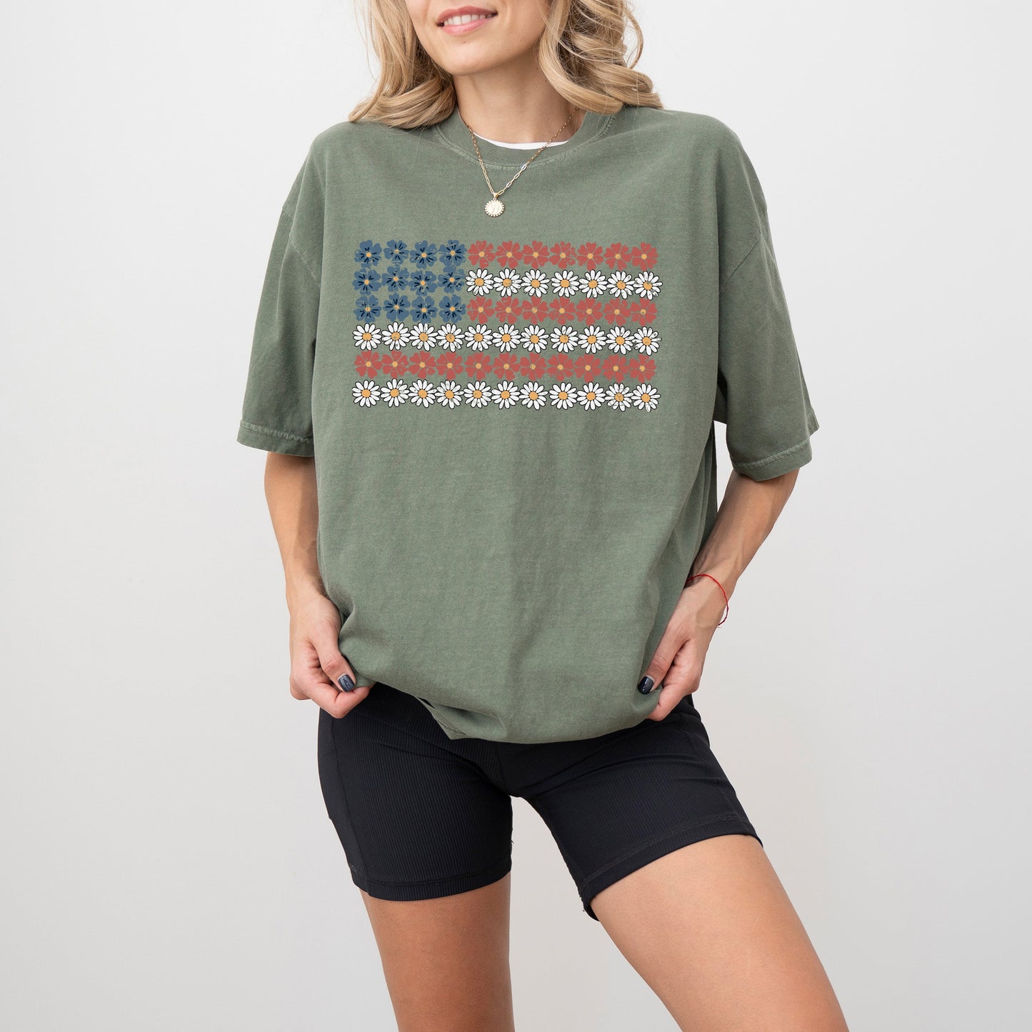 American Flag, Flowers, Red White Blue, Floral, Patriotic, Independence Day, 1776, USA, Tshirt Comfort Colors T-Shirt