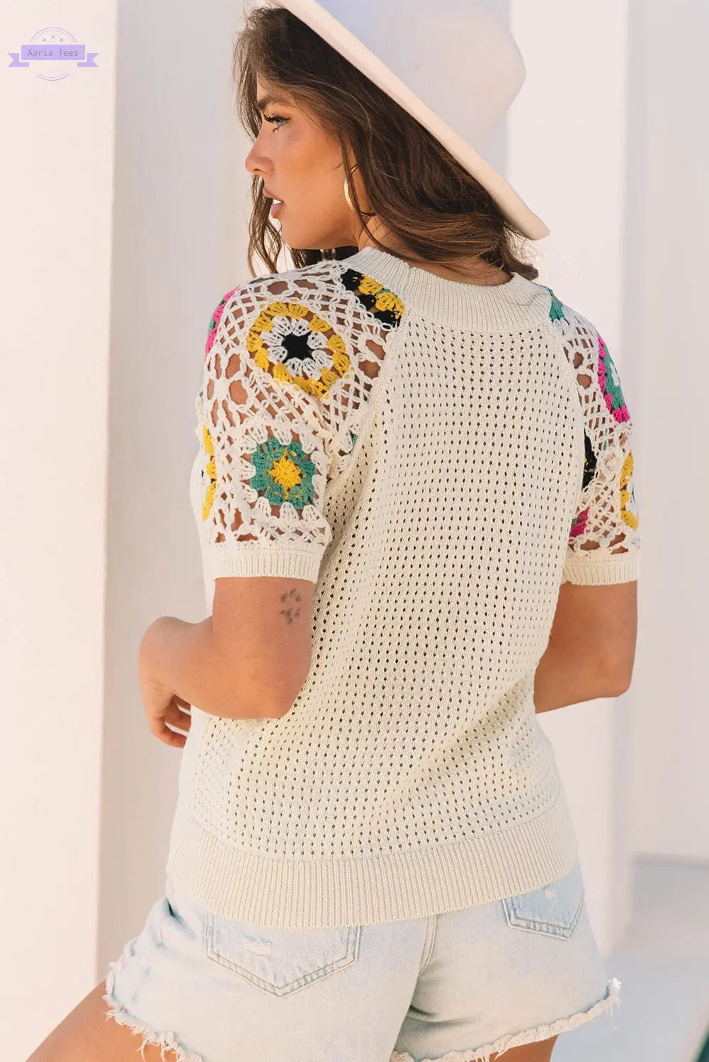 Apricot Hollow Out Floral Crochet Short Sleeve Crewneck Sweater Aaria Tees