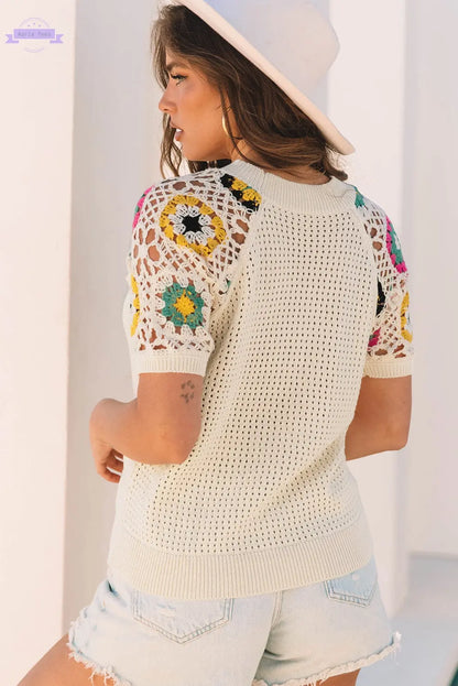 Apricot Hollow Out Floral Crochet Short Sleeve Crewneck Sweater Aaria Tees