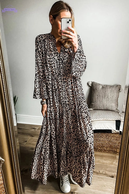 Apricot Leopard Print Tiered Wide Sleeve Maxi Dress Aaria Tees