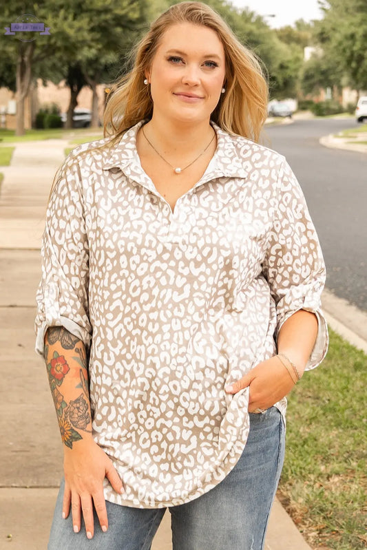 Apricot Leopard Tab Sleeve V Neck Plus Size Top Aaria Tees