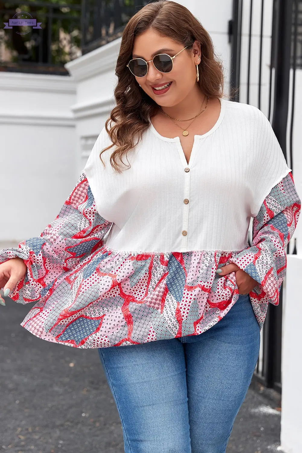 Apricot Plus Size Printed Patchwork Textured Buttoned Blouse Aaria Tees